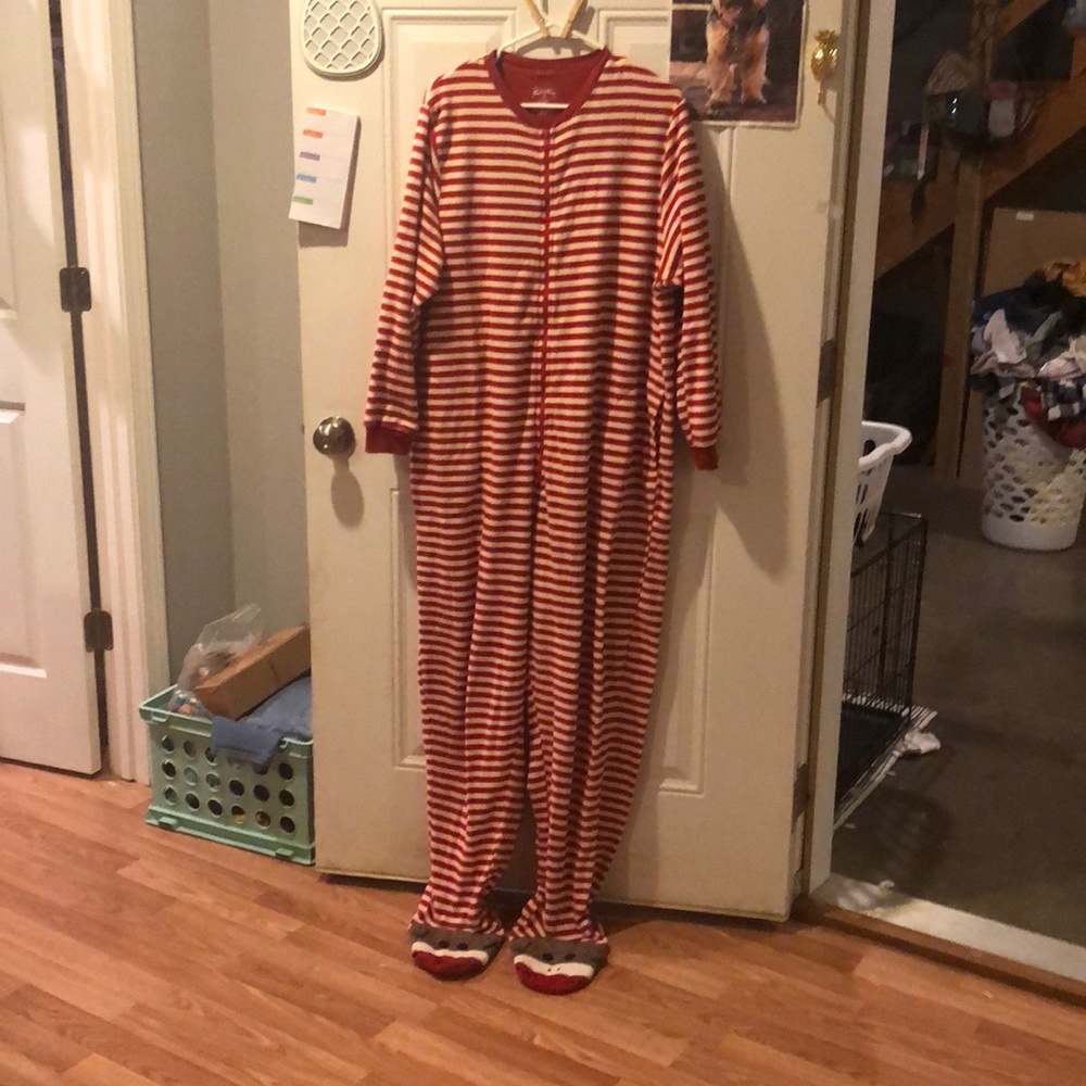 Adult sock monkey footie pajamas